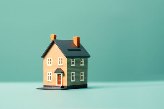 Miniature house coin bank on coloured background. Created with AI technology and Photoshop.