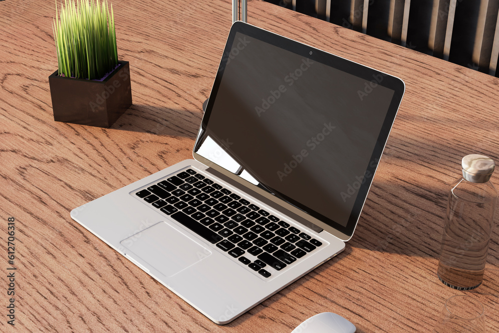 Poster close up of modern wooden designer office desktop with empty mock up laptop screen and other items. 