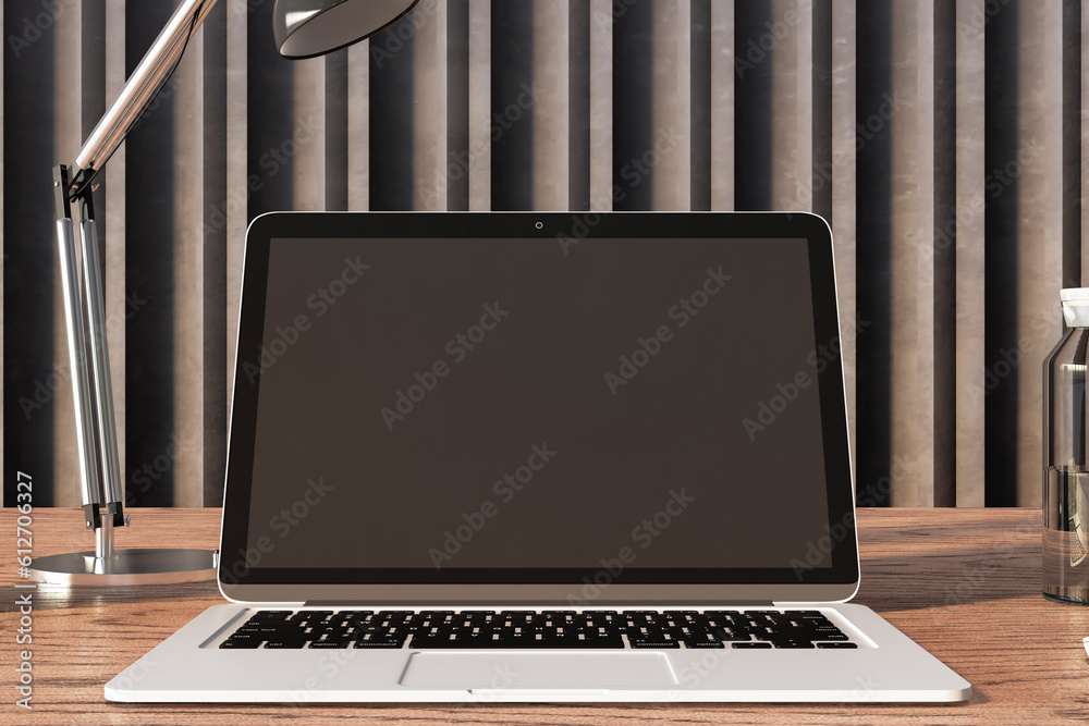 Poster close up of contemporary wooden designer office desktop with empty mock up laptop screen and other i