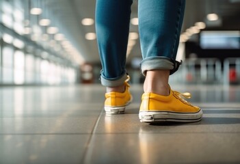 Fototapeta na wymiar Woman legs walking on the airport . Generative ai