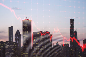 Real estate market crisis concept with red falling graph and city on background, double exposure