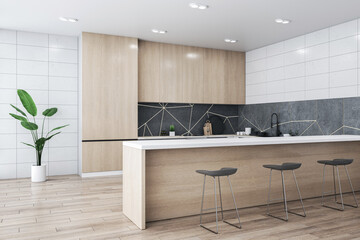 Perspective view of modern kitchen interior design with window light and wooden floor with white walls. 3D Rendering