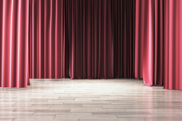 Advertising and marketing concept with front view on blank wooden floor with place for product presentation on abstract stage with red backstage background. 3D rendering, mockup