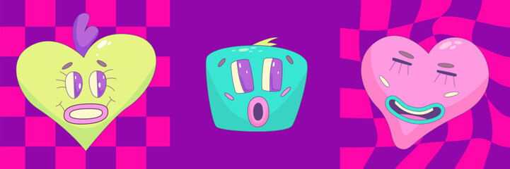 Psychedelic Trippy set poster with funny character. Trippy y2k poster weird template. 90s aesthetic design cool cover. Vector illustration