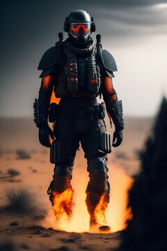 a cyber warrior in a burnt land generated by AI