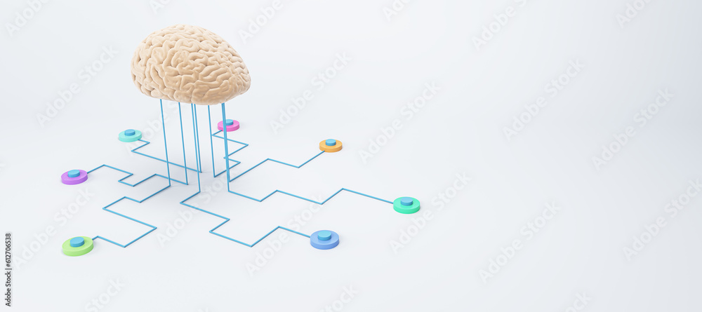 Poster Science and innovative technologies concept with human brain layout connected to sensors for computer testing on blank white background for advertising poster or logo. 3D rendering, mockup