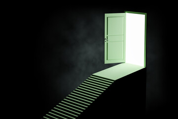 Psychology, solution and freedom concept with green stairway to bright light in doorway on abstract dark background. 3D rendering