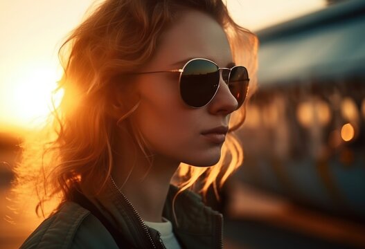 Female person in sunglasses looking away near airplane. Generative ai