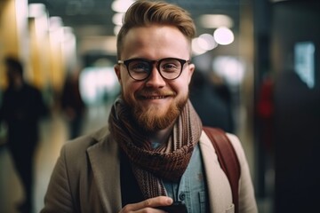 Fototapeta premium Happy stylish tourist is holding flying ticket and passport at the airport . Generative ai