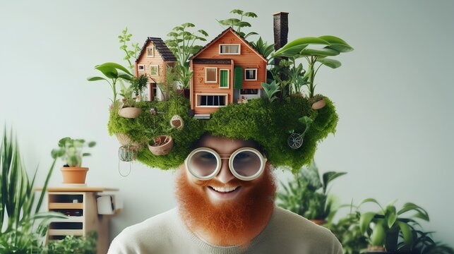A playful image demonstrating a love for an eco-lifestyle. A man with a beard surrounded by green plants. The joy and fulfillment derived from living in harmony with nature. Generative AI