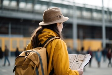 Beautiful female tourist with yellow backpack looking for departure tabloid at the airport . Generative ai - obrazy, fototapety, plakaty