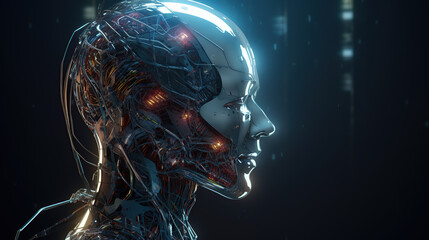 Cyborg close-up, fturistic illustration 