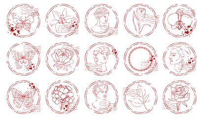 Set of grunge postal rubber stamps and stickers with flowers, butterflies and people isolated on white background.