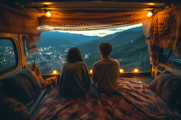 Fototapeta premium Travel concept. Summer road trip. Rear view of young couple enjoying summer vacation day. Travelling in vintage camper van
