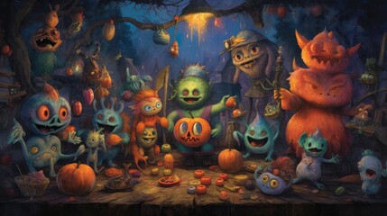 Naklejka premium A playful scene featuring a group of friendly monsters and creatures dressed in costumes, engaging in Halloween activities like pumpkin carving and trick-or-treating - Generative ai