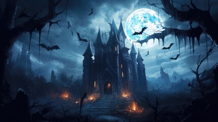 A spooky and detailed illustration of a haunted castle with crumbling walls and glowing windows, as bats soar in the night sky and a full moon adds an eerie glow to the scene - Generative ai