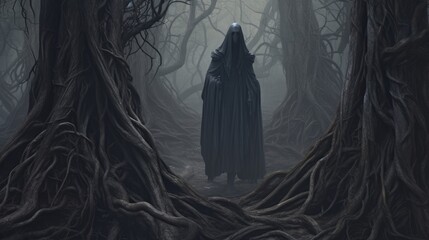 A spooky and atmospheric depiction of a dark forest with twisted trees, as a mysterious figure in a cloak emerges from the shadows, creating a sense of anticipation and fright - Generative ai