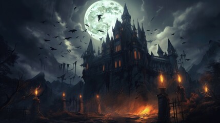 Fototapeta na wymiar A spooky and detailed illustration of a haunted castle with crumbling walls and glowing windows, as bats soar in the night sky and a full moon adds an eerie glow to the scene - Generative ai