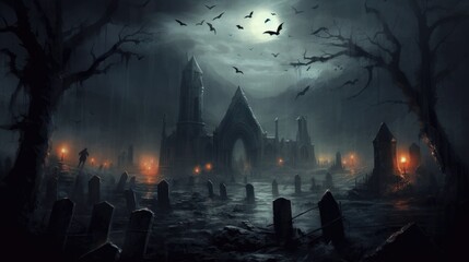 An eerie and atmospheric depiction of a misty graveyard with tombstones, as ghostly figures rise from the ground and bats fly overhead, setting a spooky tone for Halloween - Generative ai