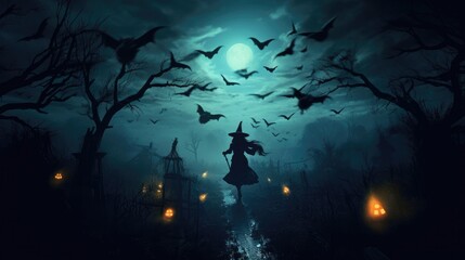 An eerie moonlit scene with a witch flying on a broomstick, silhouetted against the night sky, as bats and owls accompany her on her Halloween journey - Generative ai