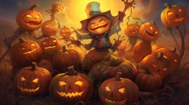A funny and whimsical scene featuring a pumpkin patch with misshapen pumpkins and goofy faces, as a group of friendly scarecrows watches over the scene - Generative ai