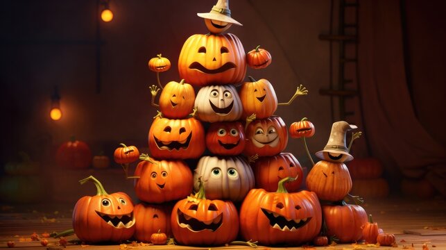 A funny and whimsical scene featuring a group of animated pumpkins with silly expressions, stacked on top of each other and ready to greet Halloween visitors - Generative ai