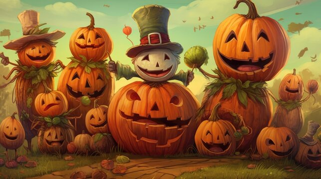 A funny and whimsical scene featuring a pumpkin patch with misshapen pumpkins and goofy faces, as a group of friendly scarecrows watches over the scene - Generative ai