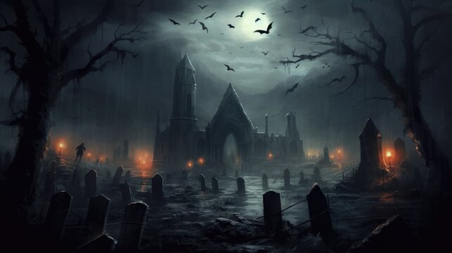 An eerie and atmospheric depiction of a misty graveyard with tombstones, as ghostly figures rise from the ground and bats fly overhead, setting a spooky tone for Halloween - Generative ai