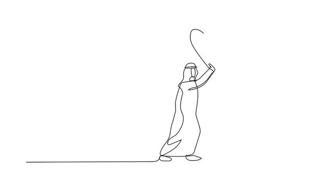 Animated self drawing of continuous line draw brave Arabian businessman against giant shoes stomping. Manager push against giant foot step. Minimal metaphor concept. Full length single line animation