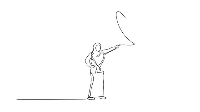 Self drawing animation of single line draw Arab businesswoman facing against giant shoes stomping. Worker pointing against giant foot step. Minimalism metaphor. Continuous line. Full length animated