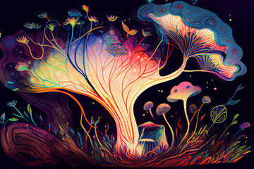 bright colourful galactic , myth mycelium intrica ,Style illustration, colorful, psychedelic colors