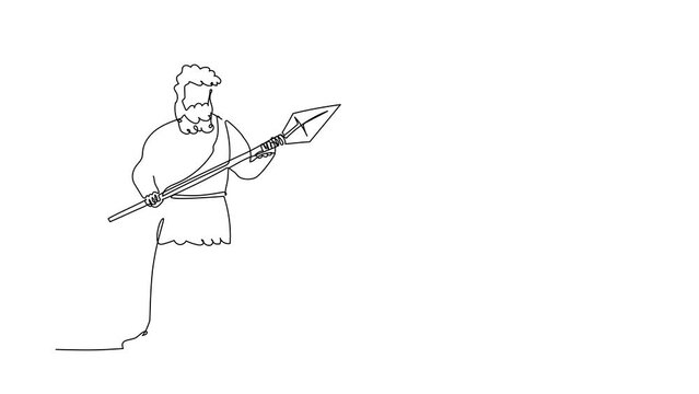 Animated self drawing of continuous line draw ancient caveman or homosapien hunter standing, holding big stone spear. Prehistoric bearded man dressed in animal pelt. Full length single line animation