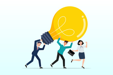 Business people teamwork help carry big smart light bulb innovation idea., innovation idea to drive team success, business innovative solution, invention help company achieve goal concept (Vector)