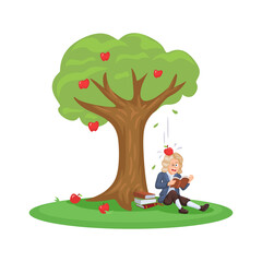 Obraz na płótnie Canvas Isaac Newton Sitting Under A Tree And Was Hit By An Apple. Gravity Theory Discoverer Cartoon illustration Vector