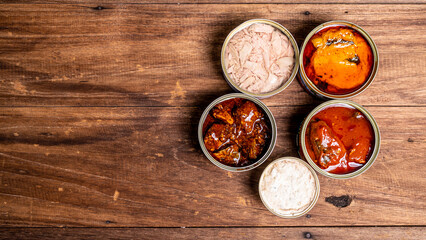 Canned food top view photo, Cans with pull-out ring, metal packaging.