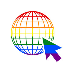Earth Globe with cursor. Rainbow gay LGBT rights colored Icon at white Background. Illustration.
