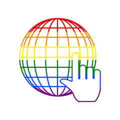 Earth Globe with cursor. Rainbow gay LGBT rights colored Icon at white Background. Illustration.