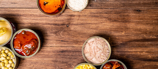 Canned food top view photo, Cans with pull-out ring, metal packaging.