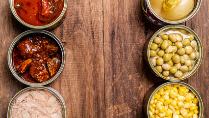 Canned food top view photo, Cans with pull-out ring, metal packaging.