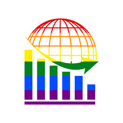 Declining graph with earth. Rainbow gay LGBT rights colored Icon at white Background. Illustration.