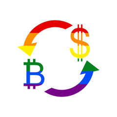 Currency exchange sign. Bitcoin and US Dollar. Rainbow gay LGBT rights colored Icon at white Background. Illustration.