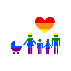 Family with heart. Husband, wife with baby and childrens. Rainbow gay LGBT rights colored Icon at white Background. Illustration.
