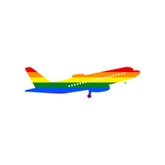 Flying Plane sign. Side view. Rainbow gay LGBT rights colored Icon at white Background. Illustration.