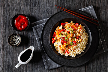 sweet and sour chicken with veggies and rice