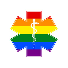 Medical symbol of the Emergency or Star of Life with border. Rainbow gay LGBT rights colored Icon at white Background. Illustration.