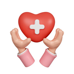 3d hand hold heart with plus sign. heartbeat or cardiogram for healthy lifestyle, pulse beat measure, cardiac assistance. icon isolated on white background. 3d rendering illustration. Clipping path.