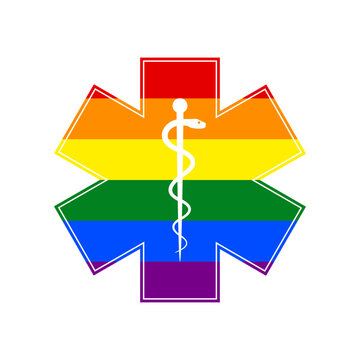 Medical symbol of the Emergency or Star of Life with border. Rainbow gay LGBT rights colored Icon at white Background. Illustration.