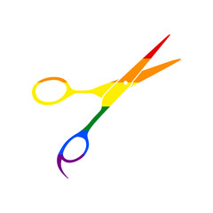 Hair cutting scissors sign. Rainbow gay LGBT rights colored Icon at white Background. Illustration.