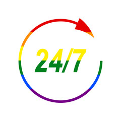 Support 24 hours sign. Rainbow gay LGBT rights colored Icon at white Background. Illustration.