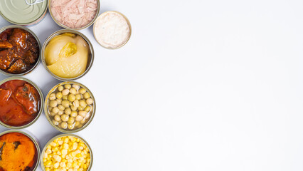 Canned food top view photo, Cans with pull-out ring, metal packaging.